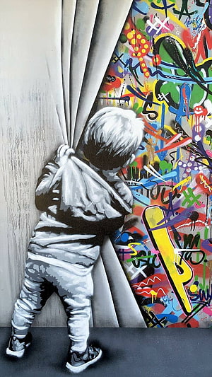 Banksy Street Art Mural of a Child Peeking Through a Curtain at Vibrant Graffiti HD phone wallpaper
