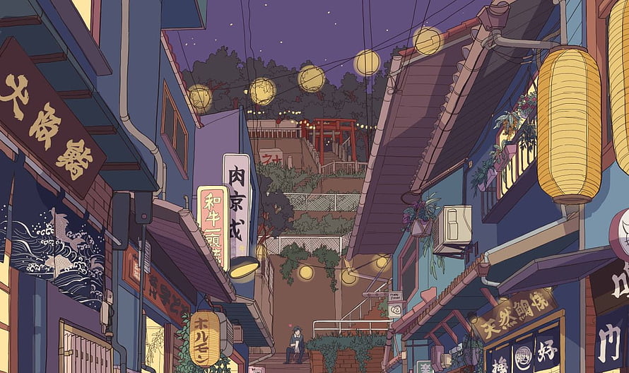 Retro Anime Night Street Scene With Lanterns and Torii Gate HD wallpaper