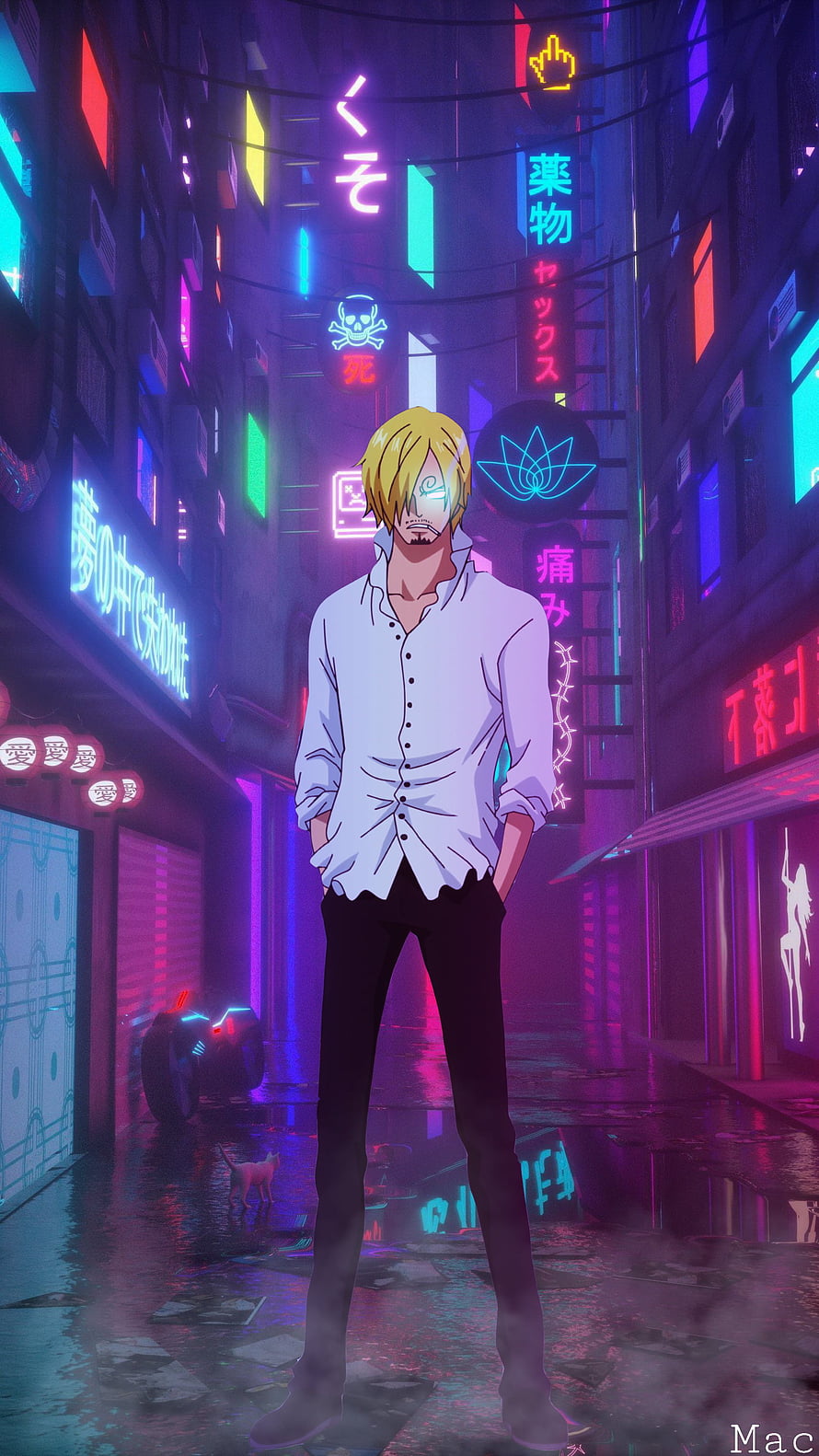 Sanji from One Piece in a Neon Cyberpunk Alley with Japanese Signs and Rain HD phone wallpaper