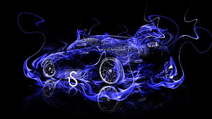 Audi R8 Enveloped in Electric Blue Flames on Black Background HD wallpaper