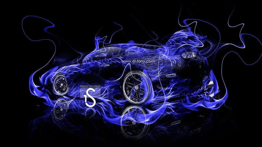 Audi R8 Enveloped in Electric Blue Flames on Black Background HD wallpaper
