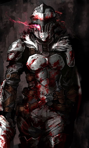 Goblin Slayer in Blood-Stained Armor with Glowing Red Eyes HD phone wallpaper