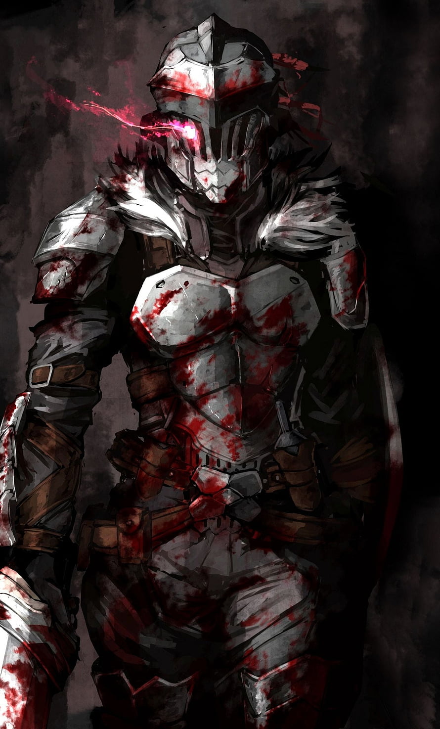 Goblin Slayer in Blood-Stained Armor with Glowing Red Eyes HD phone wallpaper