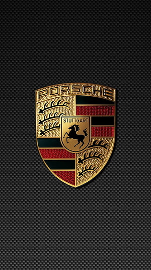 Gold Porsche Stuttgart Emblem on Dark Carbon Fiber Background HD phone wallpaper