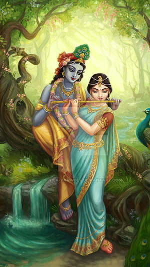 Radha Krishna Playing Flute in a Lush Forest with Peacocks and Waterfall HD phone wallpaper