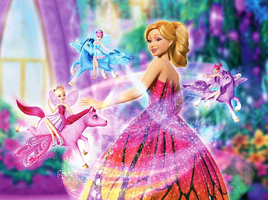 Barbie in a Sparkling Pink Gown with Winged Unicorn Pegasus Companions in a Magical Garden HD wallpaper