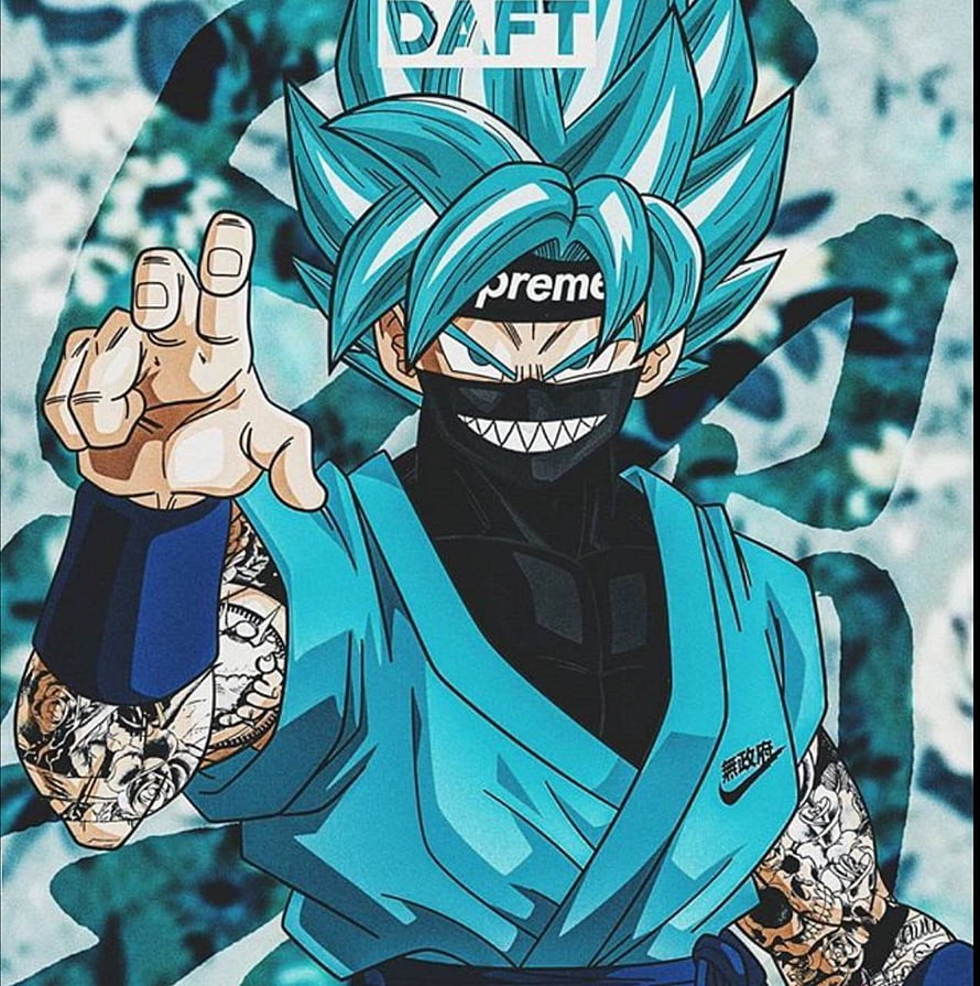 Supreme Goku in Streetwear Style with Turquoise Hair and Tattoos HD phone wallpaper