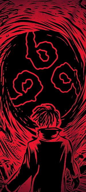 Red 999 Anime Character Confronting Giant Shadowy Face in Dark Red Illustration HD phone wallpaper