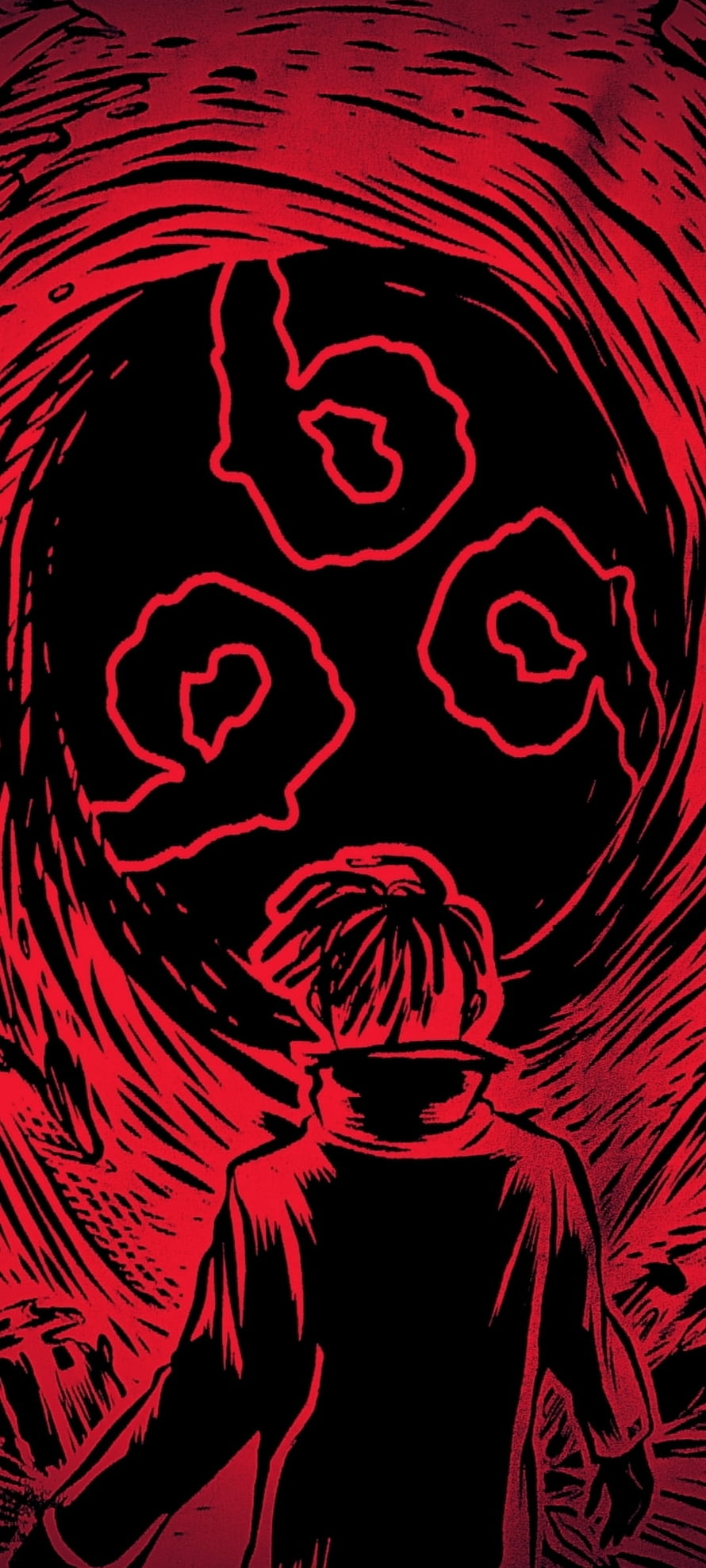 Red 999 Anime Character Confronting Giant Shadowy Face in Dark Red Illustration HD phone wallpaper