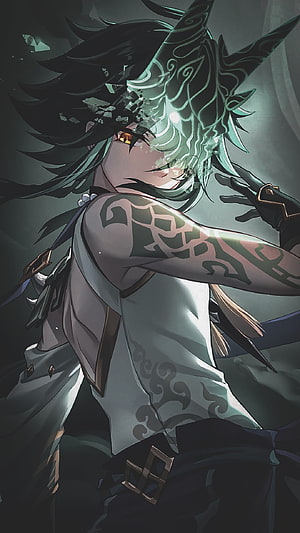 Xiao from Genshin Impact in Dark Fantasy Anime Style with Glowing Green Mask HD phone wallpaper