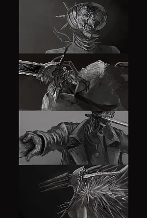 Chainsaw Man Concept Art: Dark Monochrome Character Studies and Mechanical Design HD phone wallpaper