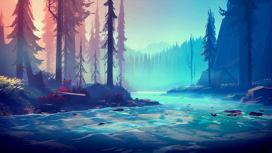 Serene Digital Forest Landscape with Misty River and Tall Pine Trees HD wallpaper