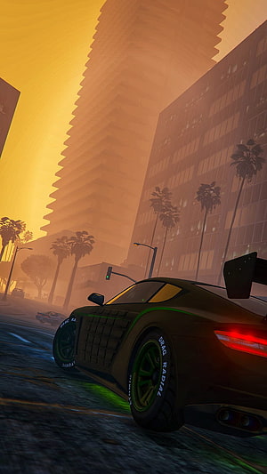 GTA V Modified Supercar Racing Through Hazy Sunset City Streets HD phone wallpaper