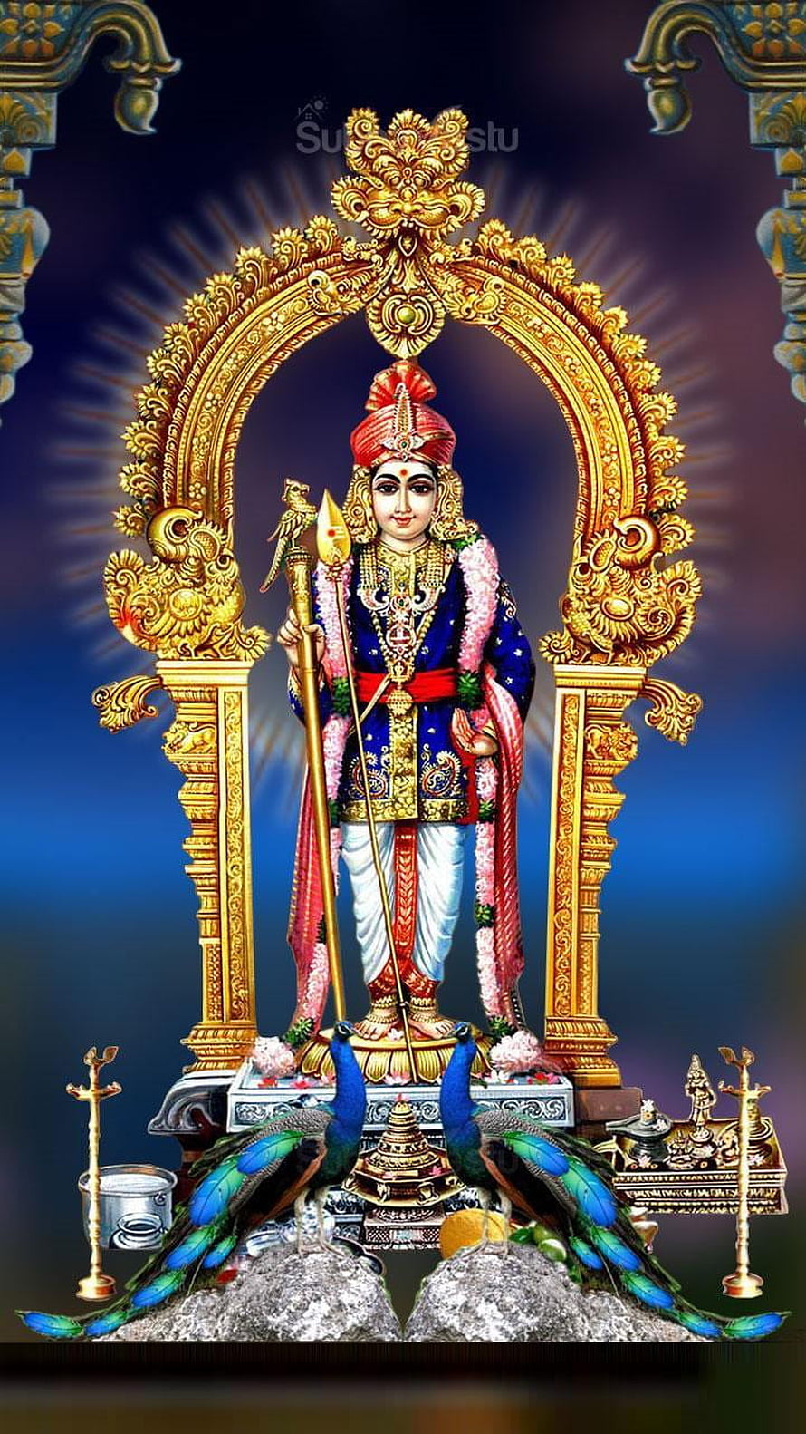 Lord Murugan Divine Statue in Golden Temple Arch with Peacocks and Sacred Offerings HD phone wallpaper