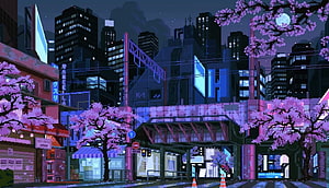Pixel Art Night Cityscape with Neon Lights and Cherry Blossoms HD wallpaper