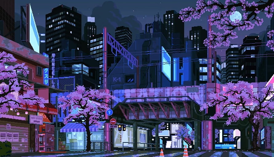 Pixel Art Night Cityscape with Neon Lights and Cherry Blossoms HD wallpaper