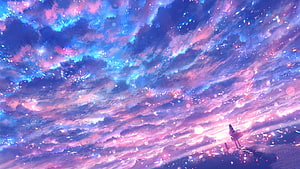 Anime Girl Silhouette Under a Vibrant Blue and Pink Starry Sky HD wallpaper