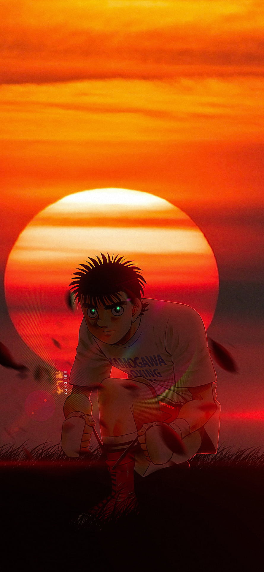 Makunouchi Ippo from Hajime no Ippo Crouching in Grass Against a Fiery Sunset HD phone wallpaper