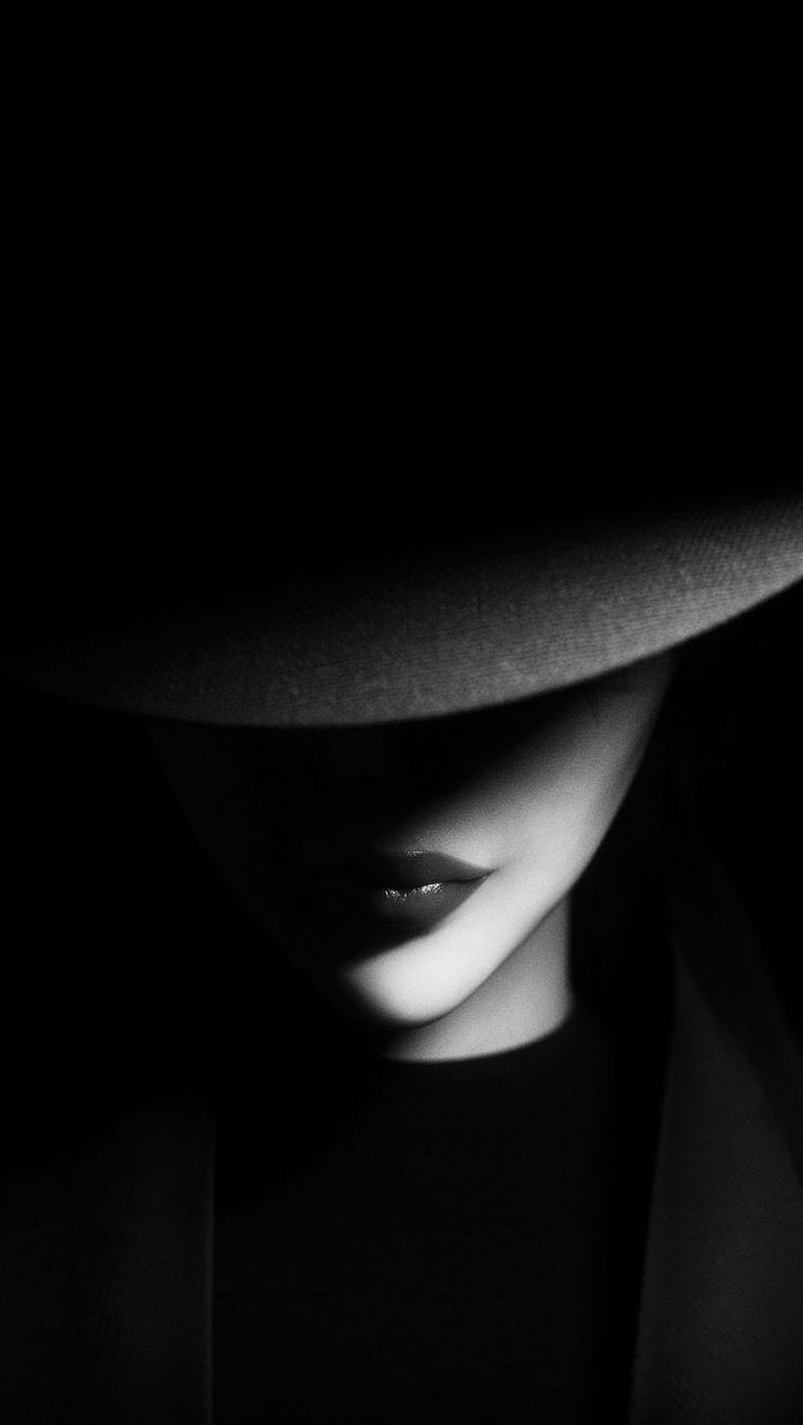 Mysterious Woman in Wide-Brimmed Hat with Dramatic Black and White Shadows HD phone wallpaper
