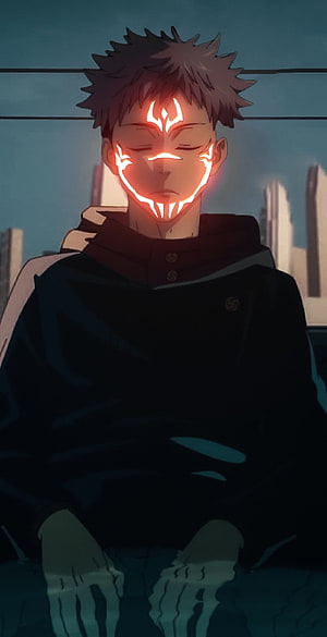 Sukuna Jujutsu Kaisen Anime Character with Glowing Red Facial Markings in Dark Hoodie HD phone wallpaper