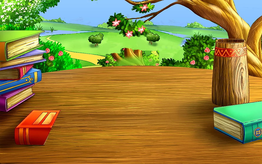 Colorful Cartoon Study Desk With Books And Garden View For Kids HD wallpaper