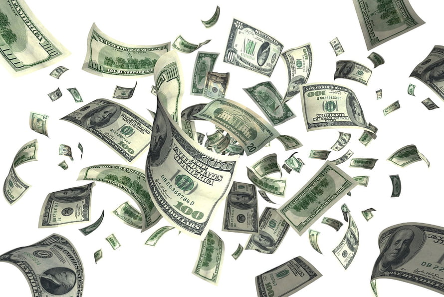 Falling US Dollar Bills in Mid-Air Against a White Background HD wallpaper