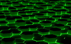 Abstract Green Neon Hexagon Pattern with Glowing Geometric Cubes HD wallpaper