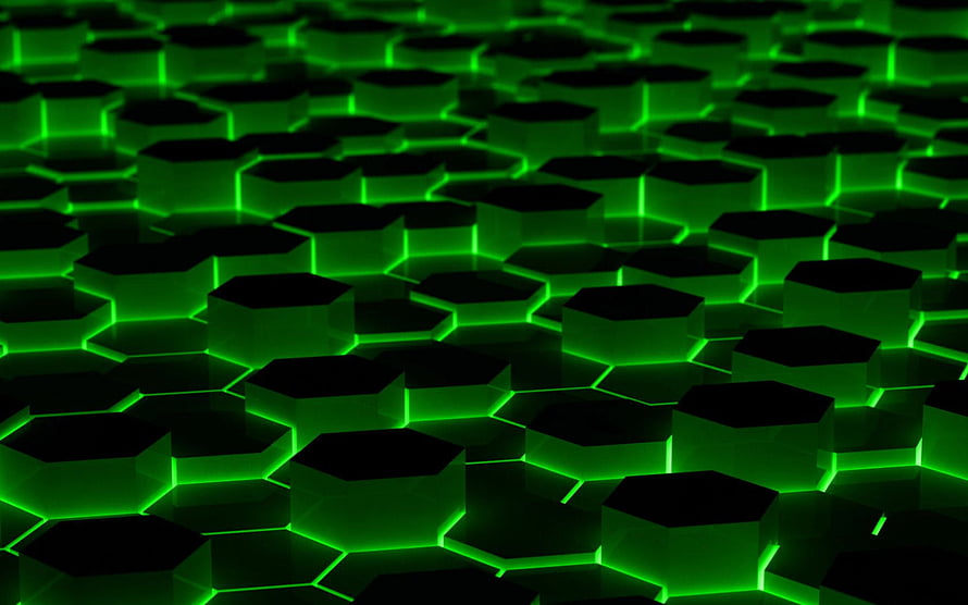 Abstract Green Neon Hexagon Pattern with Glowing Geometric Cubes HD wallpaper