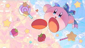 Kirby with Ribbon and Candy Stars in Pastel Geometric Background HD wallpaper