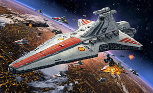 Star Wars Venator Star Destroyer Leading Republic Fleet in Orbital Battle Over Coruscant HD wallpaper