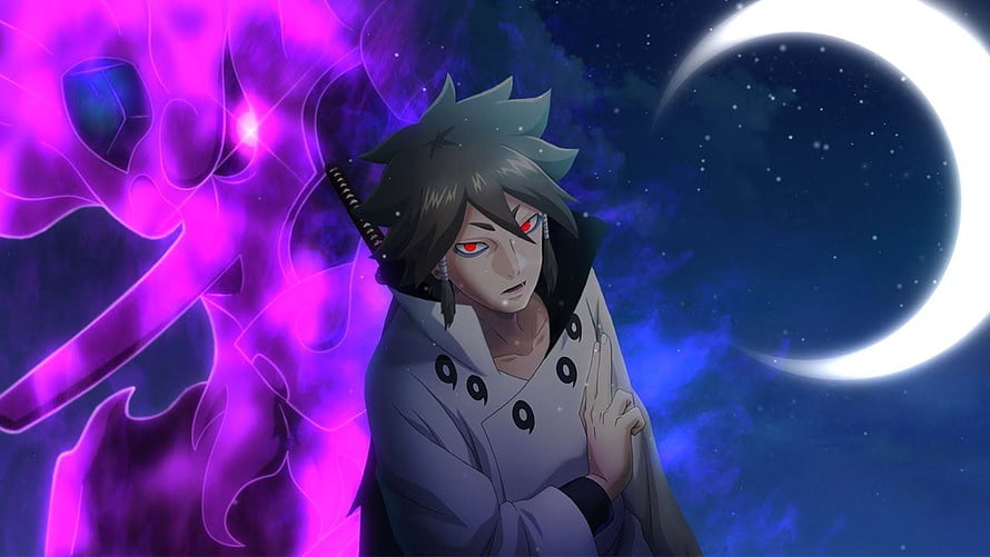 Indra Otsutsuki Anime Character with Purple Chakra and Crescent Moon HD wallpaper