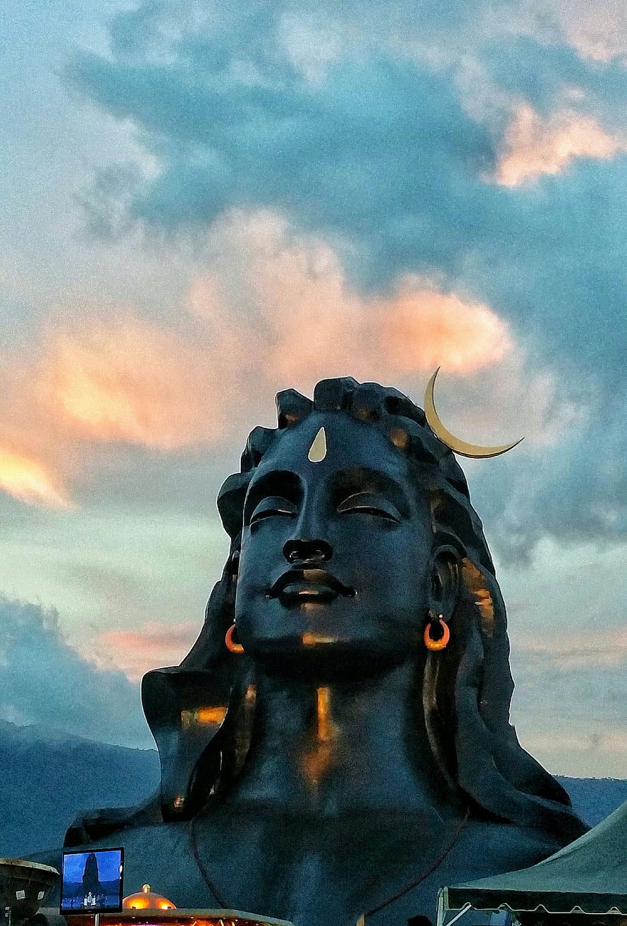 Adiyogi Statue of Lord Shiva at Dawn with Crescent Moon and Serene Sky HD phone wallpaper