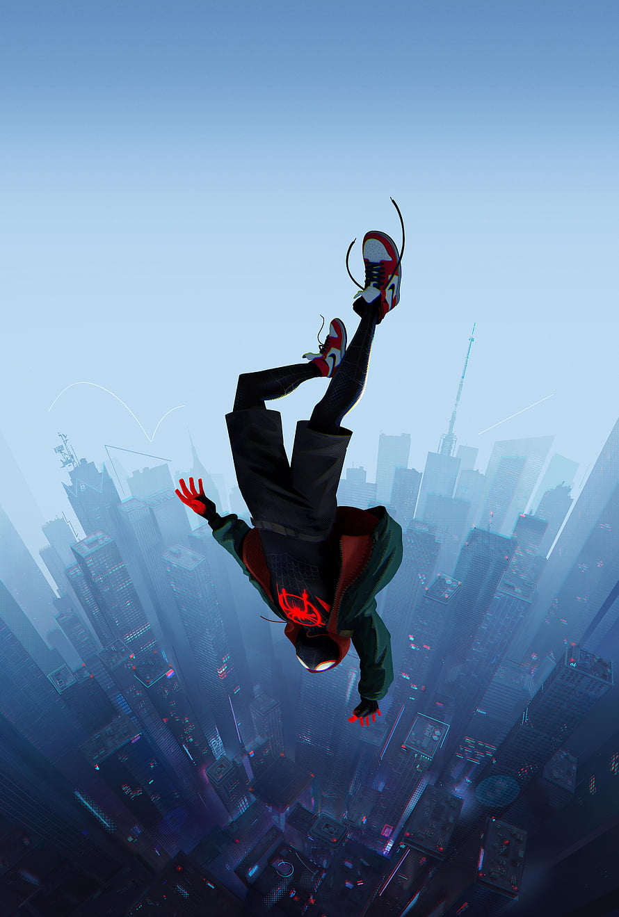 Miles Morales Spider-Man Falling Headfirst Over a Futuristic City Skyline HD phone wallpaper