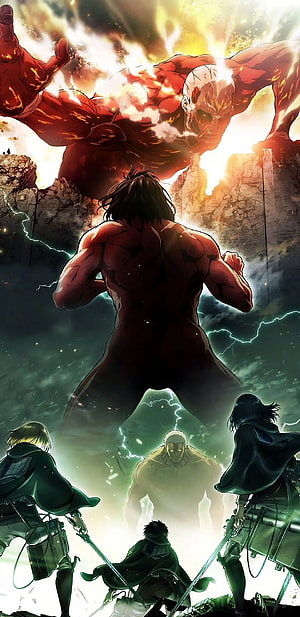 Attack on Titan Colossal and Attack Titan Confrontation with Survey Corps HD phone wallpaper