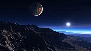 Dramatic alien landscape with a large exoplanet and distant star over rugged mountain terrain HD wallpaper