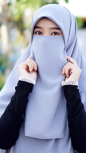 Woman in Light Blue Niqab and Hijab with Black Lace Cuff Abaya HD phone wallpaper