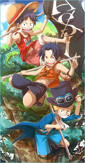One Piece Luffy Ace and Sabo Climbing Through Jungle With Jolly Roger Flag HD phone wallpaper