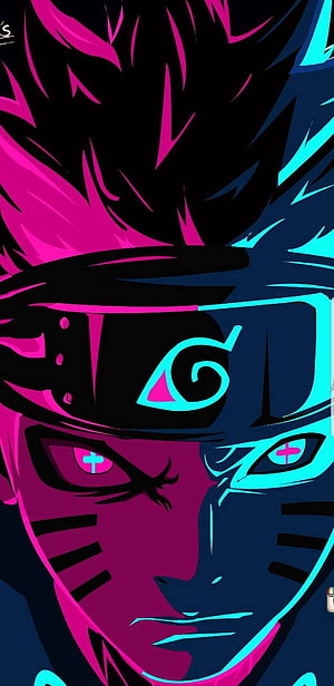Naruto Shippuden Neon Split Face Portrait with Vibrant Magenta and Cyan Color Palette HD phone wallpaper