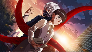 Tokyo Ghoul Anime Artwork Featuring Kaneki Ken and Rize with Red Tendrils HD wallpaper