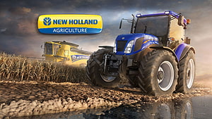 New Holland Blue Tractor and Yellow Combine Harvester in a Golden Wheat Field at Sunset HD wallpaper