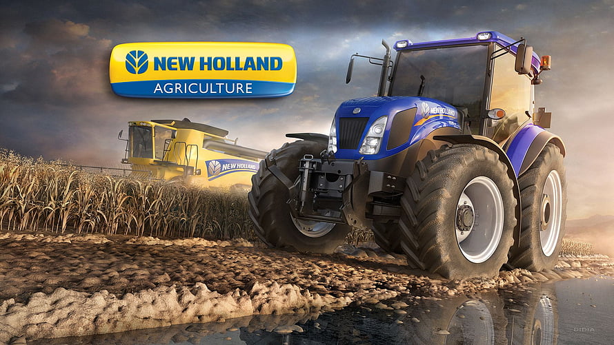 New Holland Blue Tractor and Yellow Combine Harvester in a Golden Wheat Field at Sunset HD wallpaper
