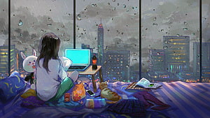 Cozy Anime Girl Watching Rainy City Skyline from Bed with Cat and Laptop HD wallpaper