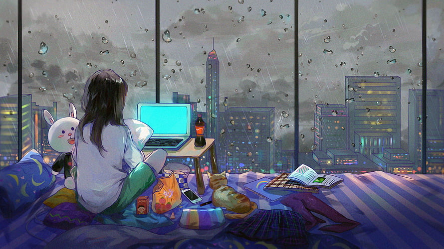 Cozy Anime Girl Watching Rainy City Skyline from Bed with Cat and Laptop HD wallpaper