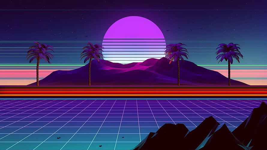 Retro Wave Sunset with Neon Grid, Palm Trees, and Synthwave Mountains HD wallpaper
