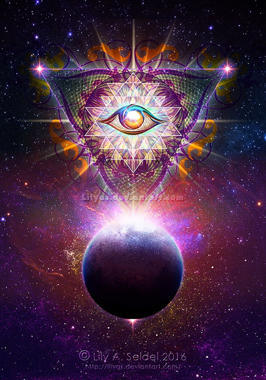 Sacred Geometry Eye of Providence Above Cosmic Planet in Starry Space HD phone wallpaper