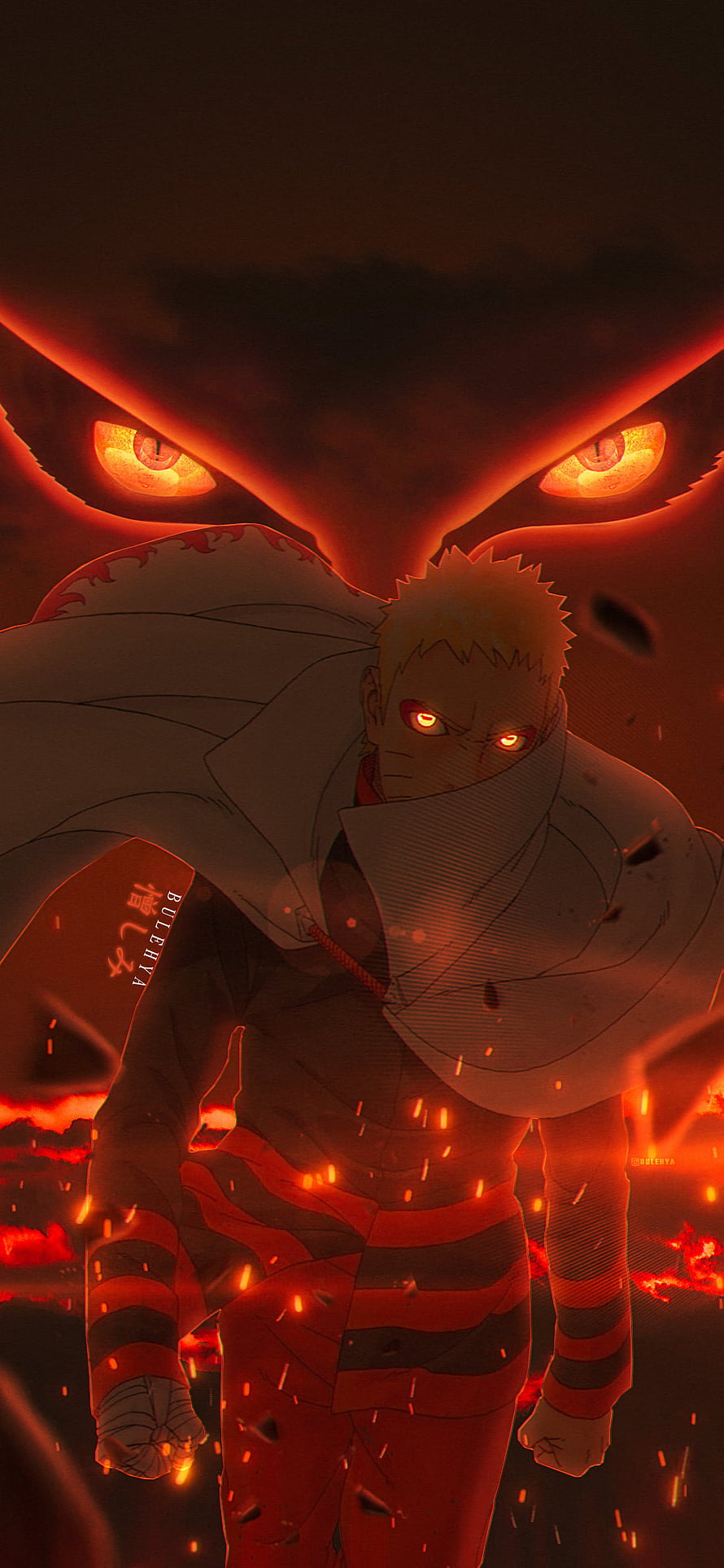 Naruto Uzumaki in Nine-Tails Mode with Kurama Behind Him in Fiery Red Anime Art HD phone wallpaper