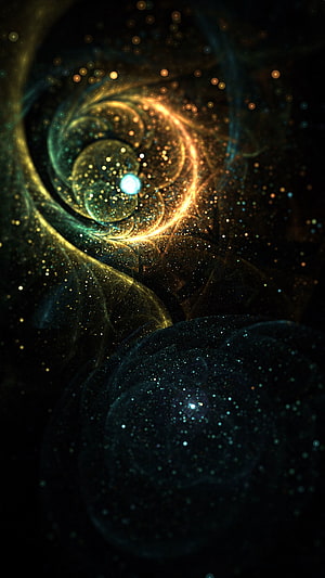 Luminous Fractal Spiral with Golden Particles and Cosmic Glow in Dark Space HD phone wallpaper