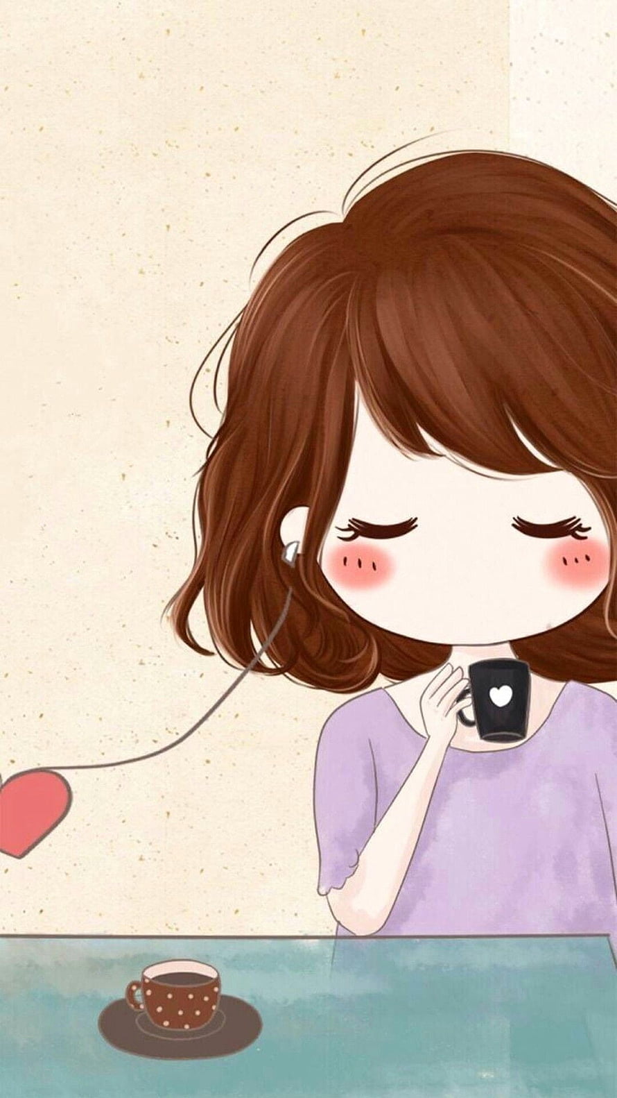 Cute Anime Girl Listening to Music with Coffee Cup and Heart Earbud HD phone wallpaper