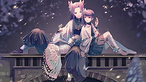 Kanae Kocho, Kanao Tsuyuri, and Shinobu Kochou Sitting on a Bridge in Demon Slayer HD wallpaper