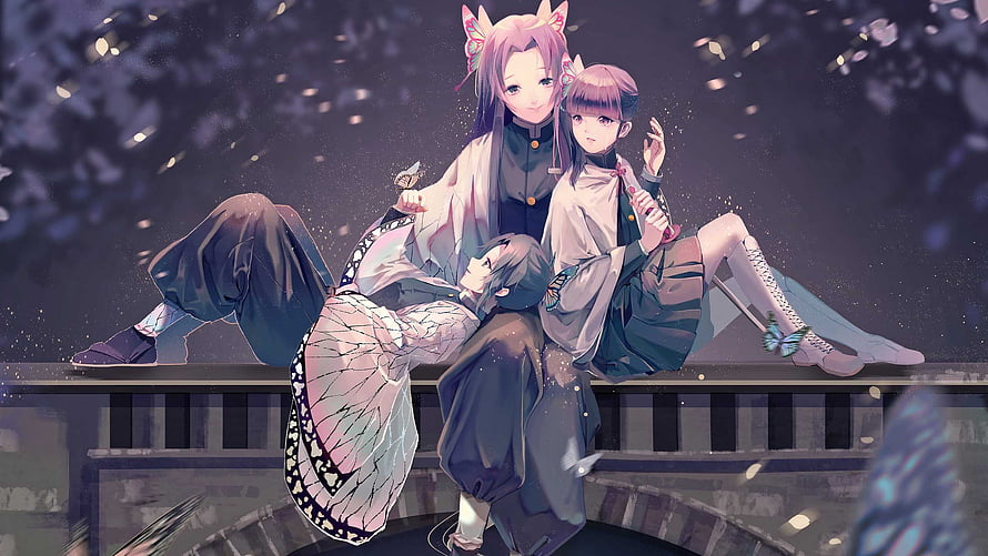Kanae Kocho, Kanao Tsuyuri, and Shinobu Kochou Sitting on a Bridge in Demon Slayer HD wallpaper